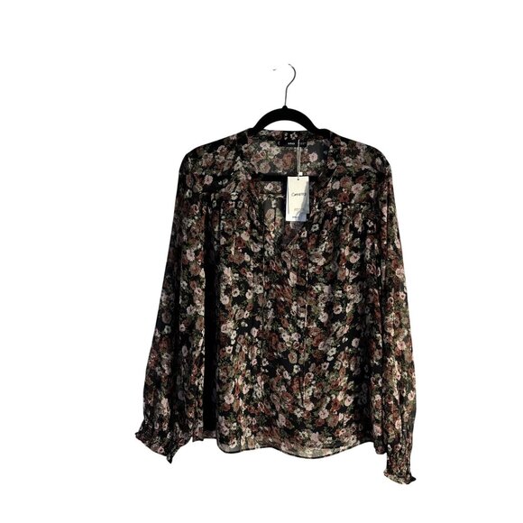 Mango Floral Print Sheer Blouse US 12 Black Multicolor Long Sleeve Lightweight - Picture 2 of 12